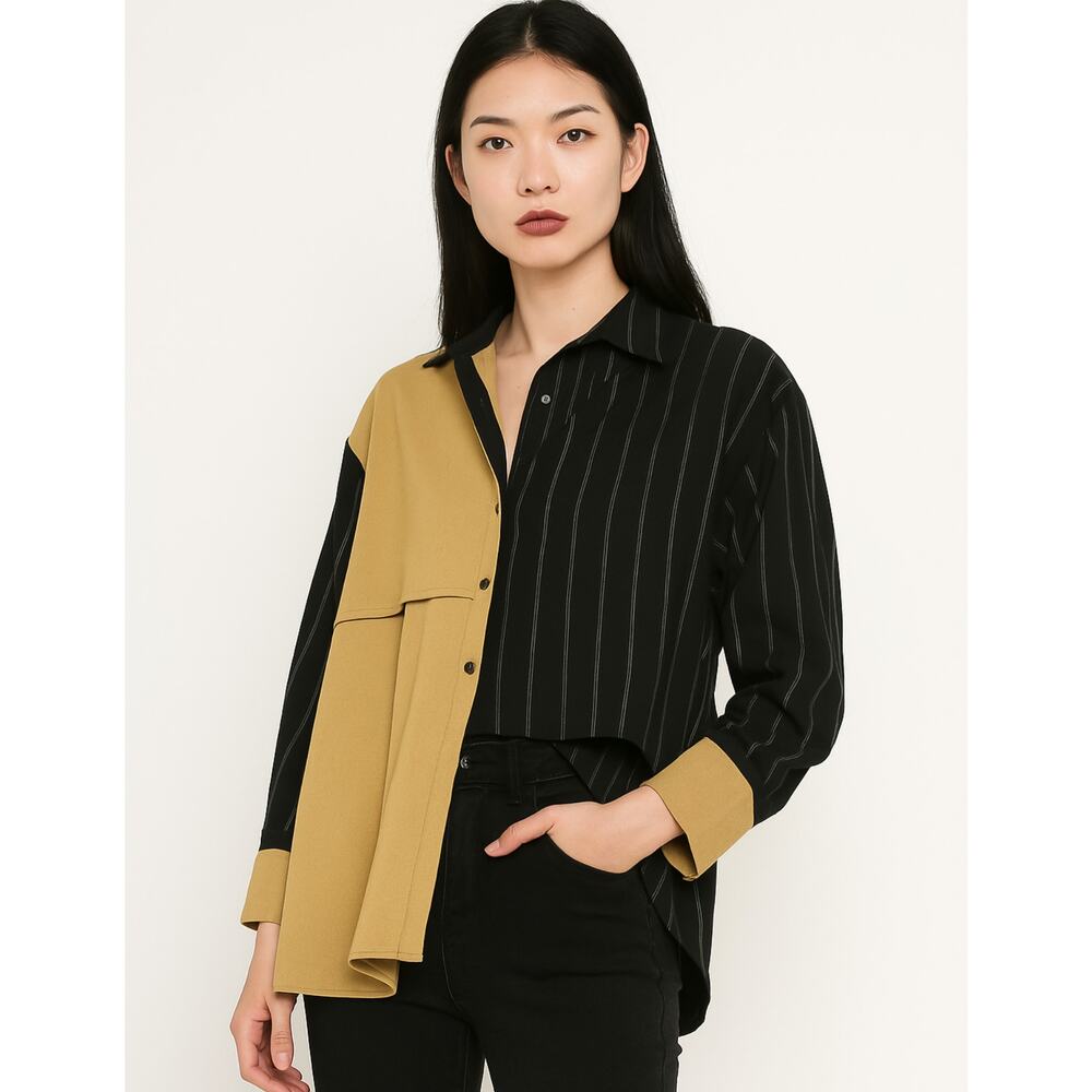 Parc 1 Modern Asymmetrical Colorblock Shirt pinstripe brown overlay art to wear